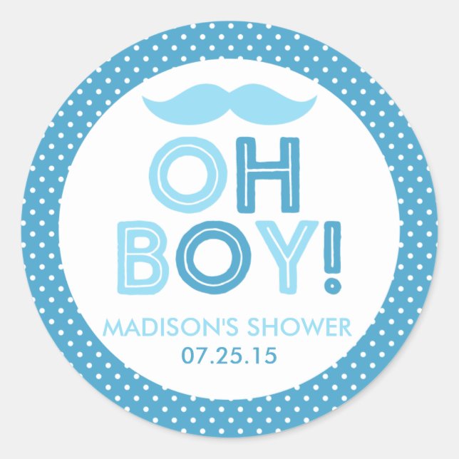 Blue Polka Dot Oh Boy Baby Shower Classic Round Sticker (Front)