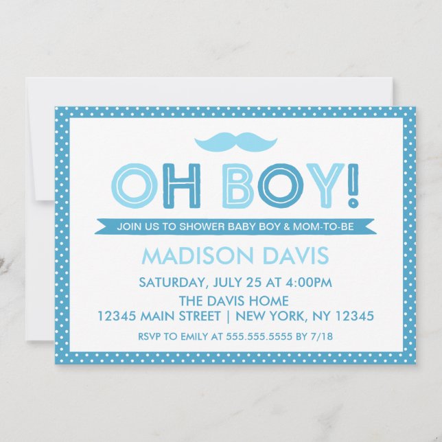 Blue Polka Dot Oh Boy Baby Shower Invitation (Front)