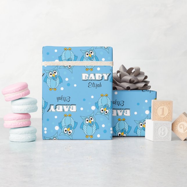 Blue Polka Dot Owl Baby Shower Theme Wrapping Paper (Baby Shower)