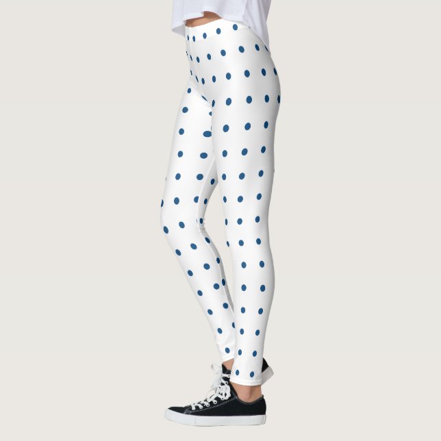 Blue Polka Dot Pattern on White Leggings (Left)