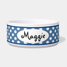 Blue Polka Dot Personalised Ceramic Dog Bowl