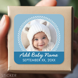 Blue Polka Dot Photo Frame Announcement Square Sticker