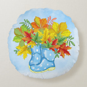 Blue Polka-dot Rain Boots Fall Leaves Round Cushion