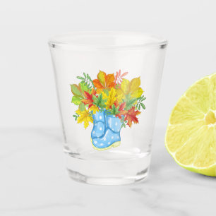 Blue Polka-dot Rain Boots Fall Leaves Shot Glass