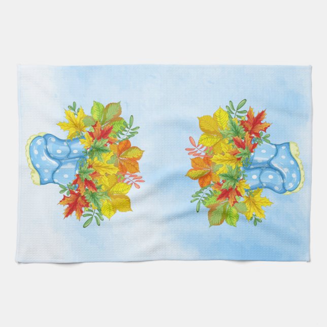 Blue Polka-dot Rain Boots Fall Leaves Tea Towel (Horizontal)