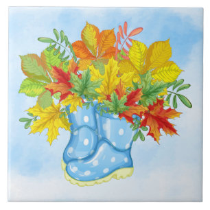 Blue Polka-dot Rain Boots Fall Leaves Tile