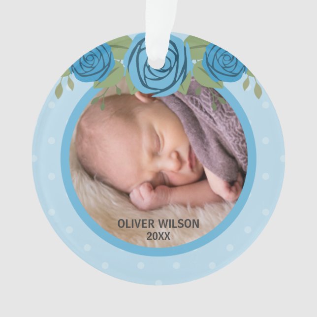 Blue Polka Dot Roses Baby's First Christmas Photo Ornament (Front)