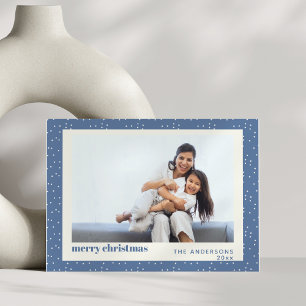 Blue Polka Dot Snow Simple Holiday Photo Card