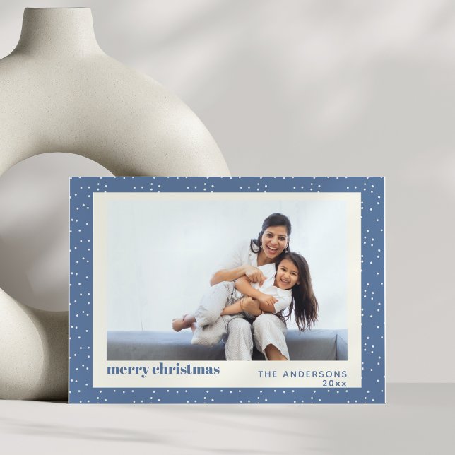 Blue Polka Dot Snow Simple Holiday Photo Card (Creator Uploaded)