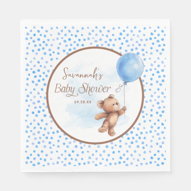 Blue Polka Dot Teddy Bear Balloon Baby Shower  Napkin (Front)