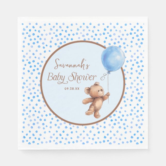 Blue Polka Dot Teddy Bear Balloon Baby Shower  Napkin (Front)