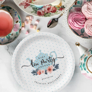 Blue Polka Dot Vintage Floral Teapot Baby Shower Paper Plate