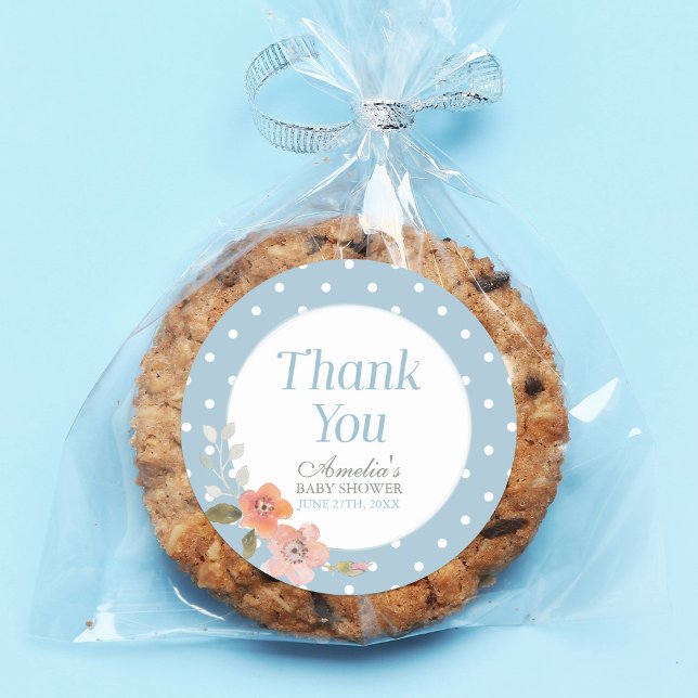 Blue Polka Dot with Delicate Floral Thank You Classic Round Sticker (Creator Uploaded)