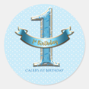 Blue Polka Dots & Banner ONE 1st 1 Birthday Party Classic Round Sticker