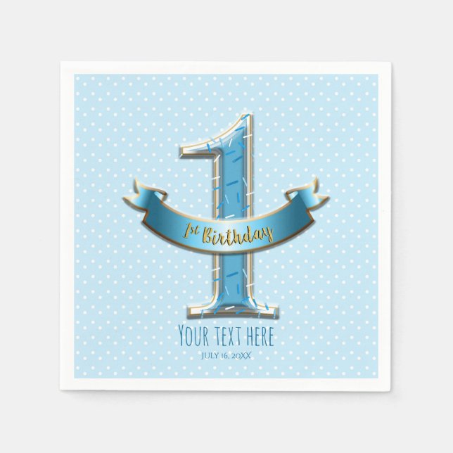 Blue Polka Dots & Banner ONE 1st 1 Birthday Party Napkin (Front)