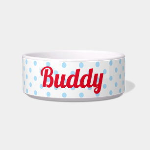 Blue Polka Dots Dog Puppy Pet Name Cute Retro Food Bowl