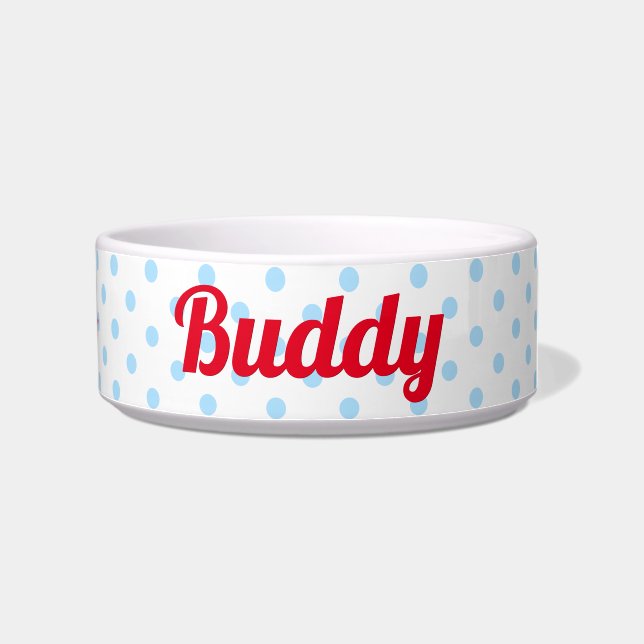 Blue Polka Dots Dog Puppy Pet Name Cute Retro Food Bowl (Right)