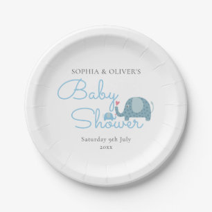 Blue Polka Dots Elephants Couples Baby Shower Paper Plate