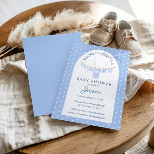 Blue Polka Dots Hanging Clothes Baby Shower Invitation