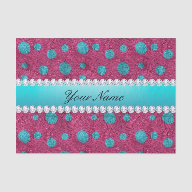 Blue Polka Dots Hot Pink Faux Diamonds Tissue Paper (Front)