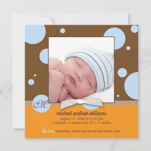 Blue Polka Dots Monogram Baby Boy Photo Birth Announcement