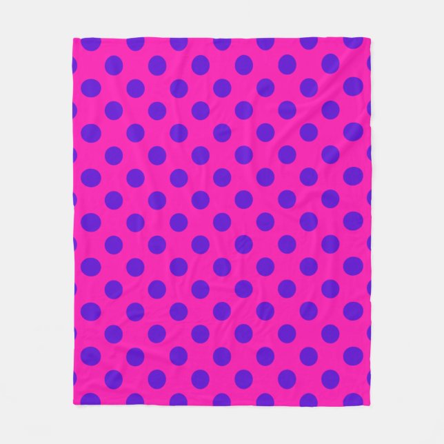 Blue polka dots on fuchsia fleece blanket (Front)
