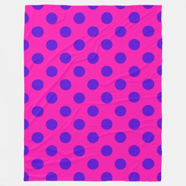 Blue polka dots on fuchsia fleece blanket (Front)