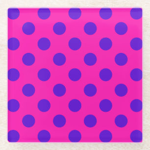 Blue polka dots on fuchsia glass coaster