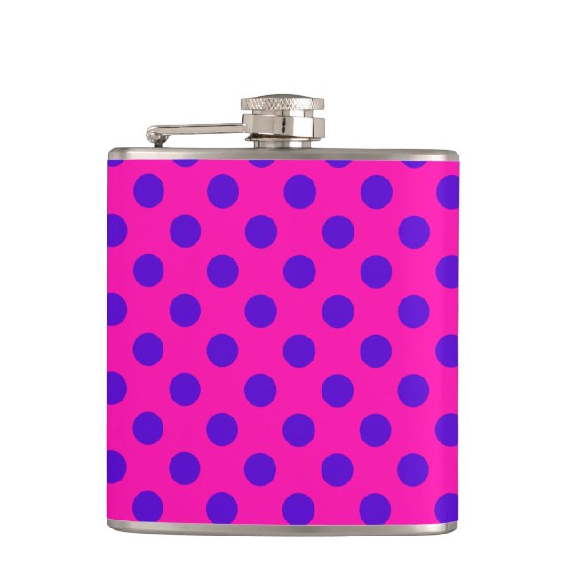 Blue polka dots on fuchsia hip flask (Front)