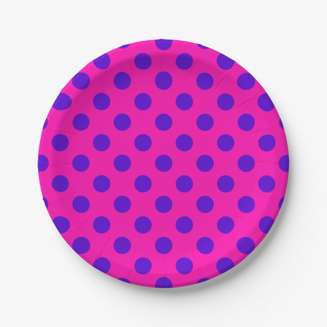 Blue polka dots on fuchsia paper plate (Front)