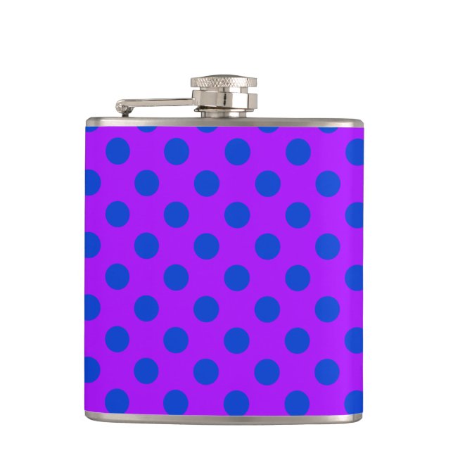 Blue polka dots on purple hip flask (Front)