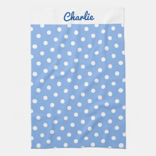 Blue Polka Dots Pattern Stylish Personalised Tea Towel