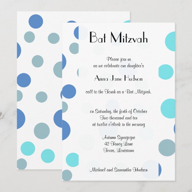 Blue Polka Dots, Polka Dot Pattern, Bat Mitzvah Invitation (Front/Back)