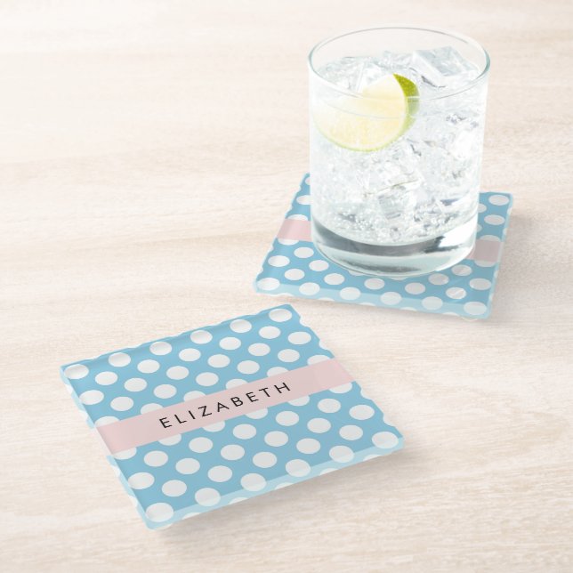 Blue Polka Dots, Polka Dot Pattern, Your Name Glass Coaster (Angled)
