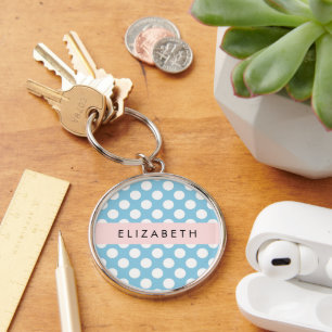 Blue Polka Dots, Polka Dot Pattern, Your Name Key Ring