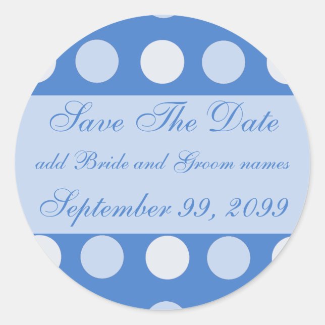 Blue Polka Dots Save The Date Reminders Classic Round Sticker (Front)