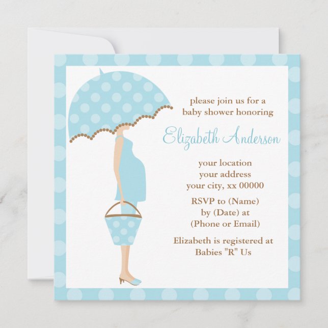 Blue Polka Dots Umbrella Mum Baby Shower Invitation (Front)