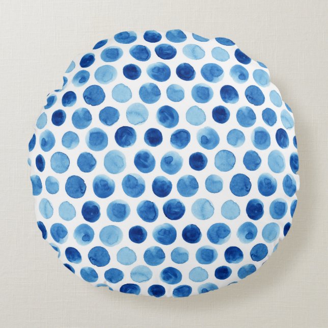 Blue polka dots, watercolor seamless pattern. round cushion (Front)