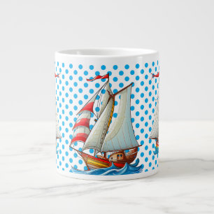 Blue Polka Dots With Sailboats Giant Coffee Mug