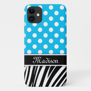 Blue Polka Dots Zebra Stripes Black Name iPhone 11 Case