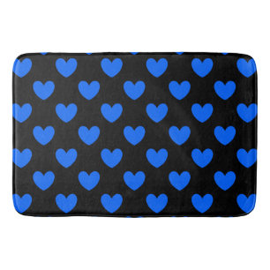 Blue polka hearts on black bath mat