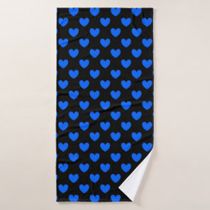 Blue polka hearts on black bath towel