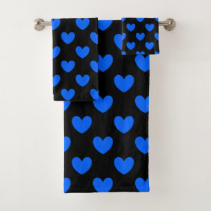 Blue polka hearts on black bath towel set