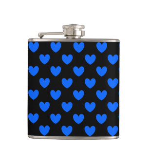 Blue polka hearts on black hip flask