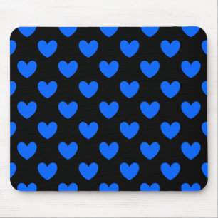 Blue polka hearts on black mouse mat