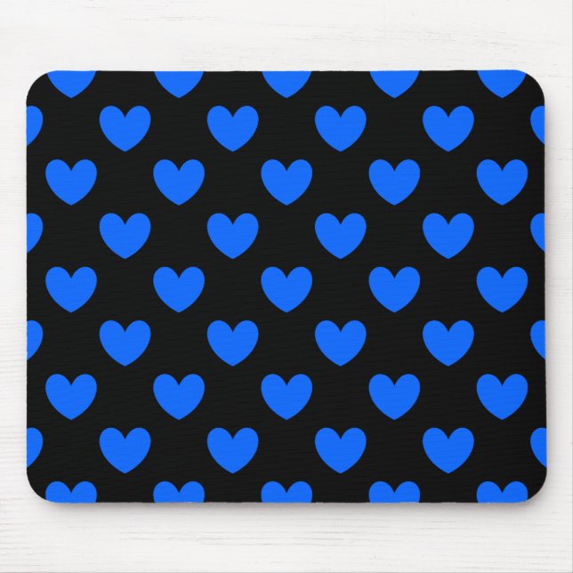 Blue polka hearts on black mouse mat (Front)