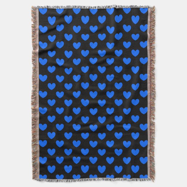 Blue polka hearts on black throw blanket (Front Vertical)