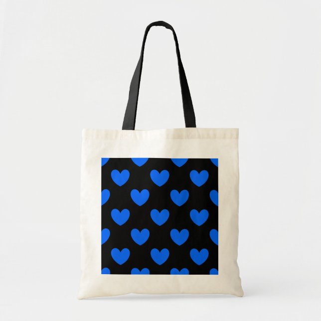 Blue polka hearts on black tote bag (Front)