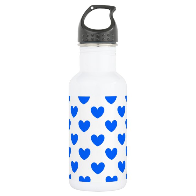 Blue polka hearts on white 532 ml water bottle (Front)