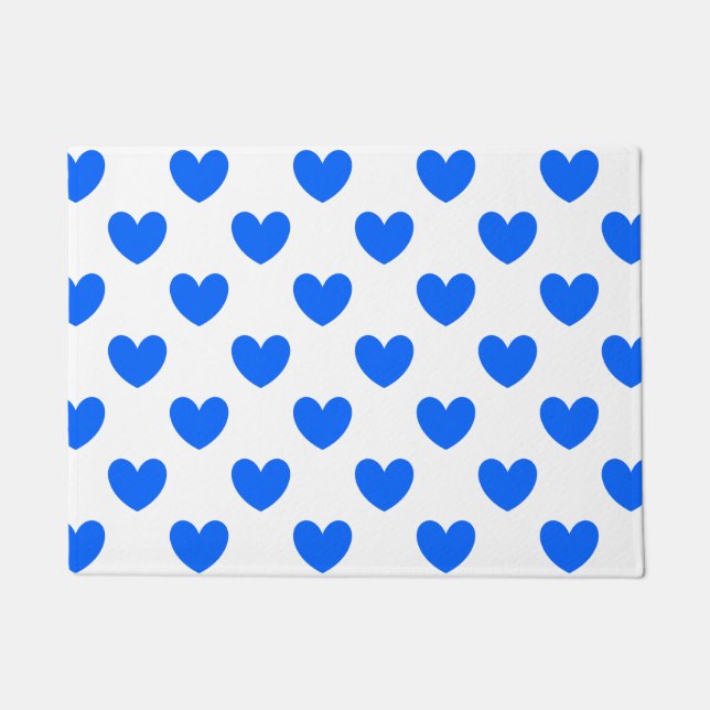Blue polka hearts on white doormat (Front)